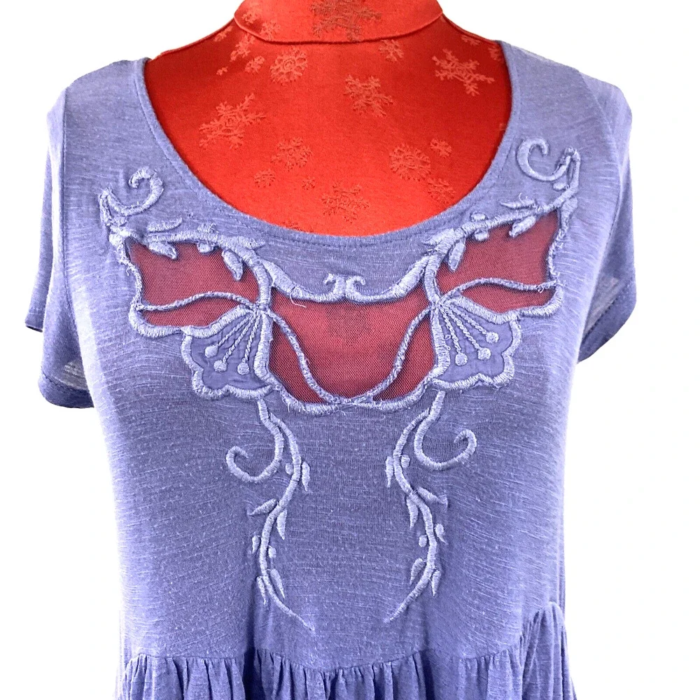 Free People baby doll peplum top blue slub knit lace embroidery details Boho XS